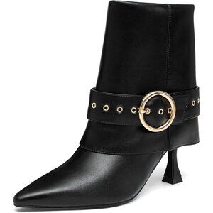 Women's Black Pointed Toe Ankle High Heel Short Booties With Gold Buckle Strap